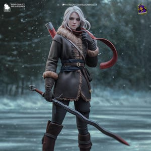 Puede incluir: Una figura con abrigo de invierno con ribete de piel, sosteniendo una espada. La figura tiene el pelo blanco y lleva una bufanda roja. La imagen tiene el texto "HIGH-QUALITY PRE-SUPPORTS" y "PATREON.COM/BULKAMANCER".