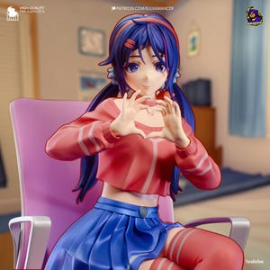 May include: A figurine of a young woman with blue hair and eyes, wearing a red crop top, blue skirt, and red and white striped thigh-high socks. She is seated in a pink chair and making a heart shape with her hands. The image includes text that reads "HIGH-QUALITY PRE-SUPPORTS" and "PATREON.COM/BULKAMANCER".
