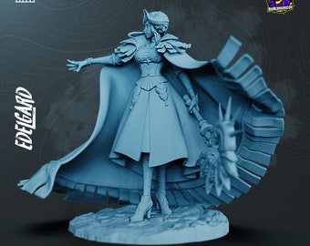 May include: A light blue 3D-printed figurine of a female character, EDEIGARD, in a flowing dress and cape, holding a staff. The figurine is on a rocky base, with the text "PRE-SUPPORTED MODEL" and a logo. The background is a gradient of blue.