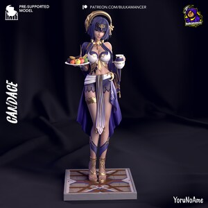 May include: A 3D-printed figurine of a character named Candace, holding a plate of fruit and a small cup. The figure is dressed in a purple and gold outfit. The figurine is on a decorative base. Text on the image includes "PRE-SUPPORTED MODEL" and "PATREON.COM/BULKAMANCER".