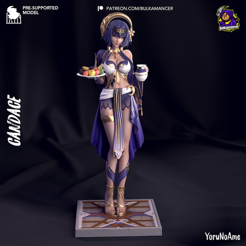 May include: A 3D-printed figurine of a character named Candace, holding a plate of fruit and a small cup. The figure is dressed in a purple and gold outfit. The figurine is on a decorative base. Text on the image includes "PRE-SUPPORTED MODEL" and "PATREON.COM/BULKAMANCER".