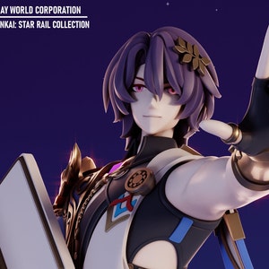 Könnte beinhalten: Detaillierte Figur aus der Honkai: Star Rail Collection. Die Figur hat lila Haare, rosa Augen und trägt ein weißes und schwarzes Outfit mit goldenen Akzenten. Die Figur posiert mit einem erhobenen Arm, der nach oben zeigt. Der Hintergrund ist ein Farbverlauf aus Dunkelblau und Lila.