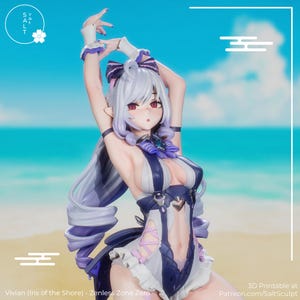 Könnte beinhalten: Detaillierte Figur von Vivian aus Zenless Zone Zero, an einem Strand. Die Figur hat weiße und lila Haare, rote Augen und einen Badeanzug mit weißen, blauen und lila Akzenten. Der Hintergrund zeigt einen blauen Himmel und Sand. Der Text "SALT" ist sichtbar.