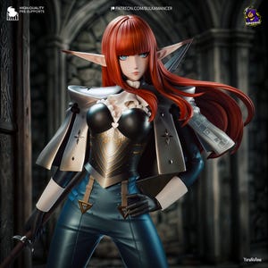 May include: A detailed figurine of a female elf with long red hair and blue eyes. She wears a black and silver outfit with a decorative chest plate, blue pants, and long gloves. The image includes text that reads "HIGH-QUALITY PRE-SUPPORTS" and "PATREON.COM/BULKAMANCER".