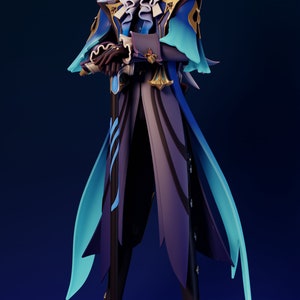 May include: A detailed figurine of a character from the Genshin Impact Collection. The figure is dressed in a dark purple and blue outfit with gold accents. The figure is standing with arms crossed, holding a staff.