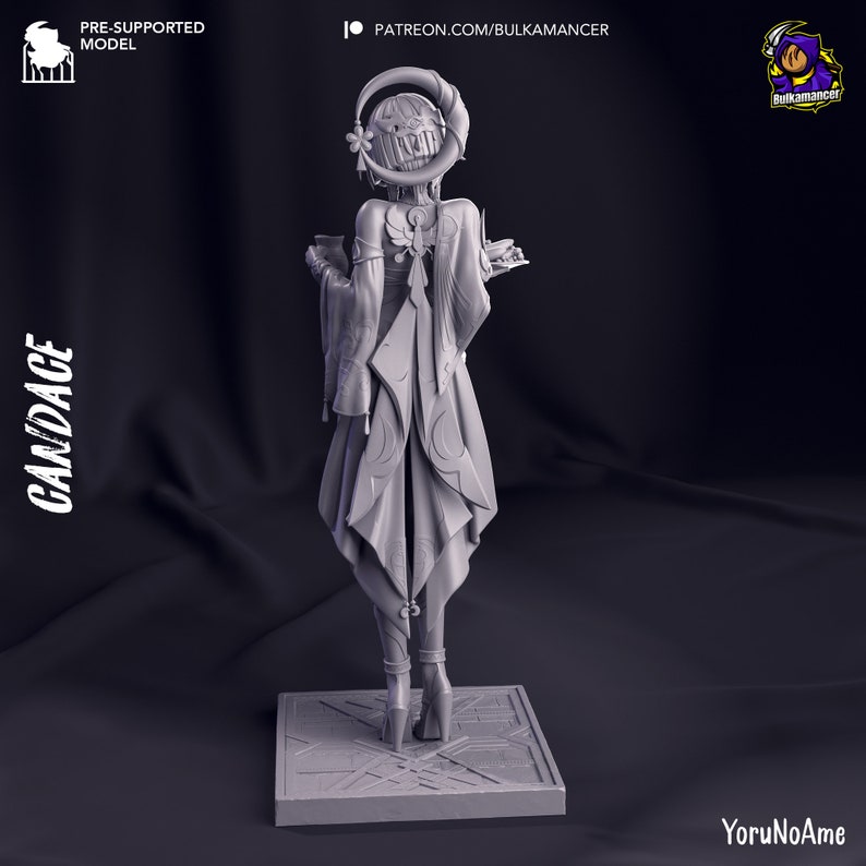 May include: A gray 3D-printed figurine of a character named Candace, standing on a square base. The figure is wearing a detailed outfit with flowing robes and a headpiece. The image includes text that says "PRE-SUPPORTED MODEL" and "PATREON.COM/BULKAMANCER".