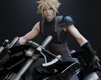Könnte beinhalten: Detaillierte Figur einer Figur mit stacheligen blonden Haaren, blauen Augen und einem schwarzen Outfit, die ein schwarzes Motorrad fährt. Die Figur hat einen ernsten Gesichtsausdruck und ist dynamisch posiert. Der Text "HIGH-QUALITY PRE-SUPPORTS" und "PATREON.COM/BULKAMANCER" ist sichtbar.