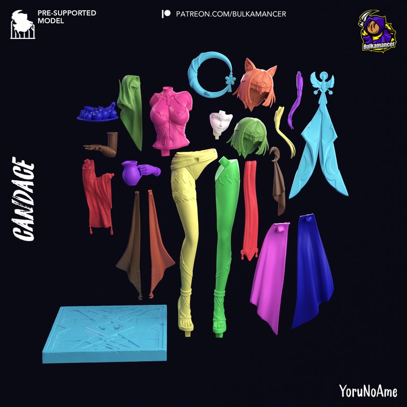May include: A collection of 3D-printed model parts in various colors, including pink, green, yellow, and blue. The components appear to be for a character figure, with pieces like hair, clothing, and limbs. The word "CANDACE" is printed vertically on the left.