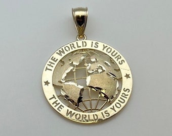 Authentic Solid 10k Yellow Gold, 10K Textured Round Globe Planet Earth World Map, "World Is Yours" World/Globe Pendant, Solid 10K Gold Earth