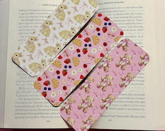 Girly coquette bookmarks | hand drawn | teddy bears, bunny rabbits, croissants | durable and glossy | gift for her reader mom girlfriend