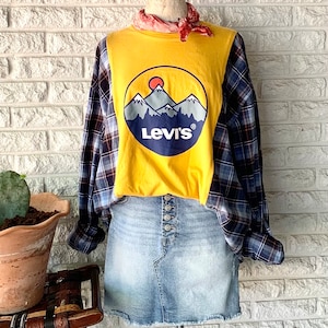 Reworked Flannel and Levis Tee Reworked Sustainable Clothing Tops Shirt ReFashioned Reconstructed Fall Shirt Acid Washed Bandanna Festival
