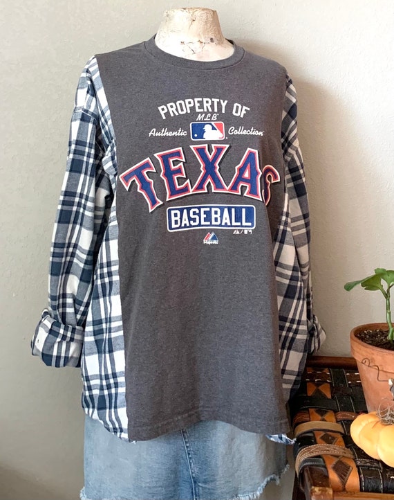 Reworked Texas Rangers Tee and Flannel Rework Sustainable Shirt Top ReFashion Upcycled Reconstructed Spliced MLB Ladies Flannel Shirt OSFM