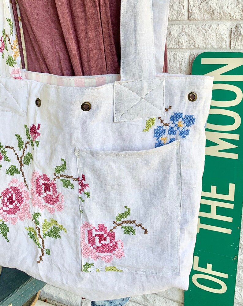 Roses in Bloom Reworked Linen Handmade Large Shoulder Bag Purse Tote