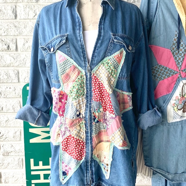 Ladies Small Handmade Upcycled Reworked Denim Jacket Zippered Front Lightweight Denim Raw Edge Hem Vintage Quilt Block Boho Festival