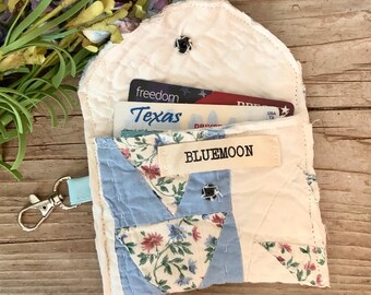 Vintage Quilt ID Holder Debit/Credit Card Holder Business Card Calling Card Holder Spare Change Wallet With Key Ring Clasp