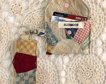 Vintage Quilt ID Holder Debit/Credit Card Holder Business/Calling Card Holder With Key Ring Clasp & Key Ring Combo Set
