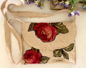 CUTE Over the Shoulder Vintage Quilt Crossbody Bag Patchwork Appliqued Casual Everyday Living Bag ‘LIVE’ Long Shoulder Strap Snap Closure