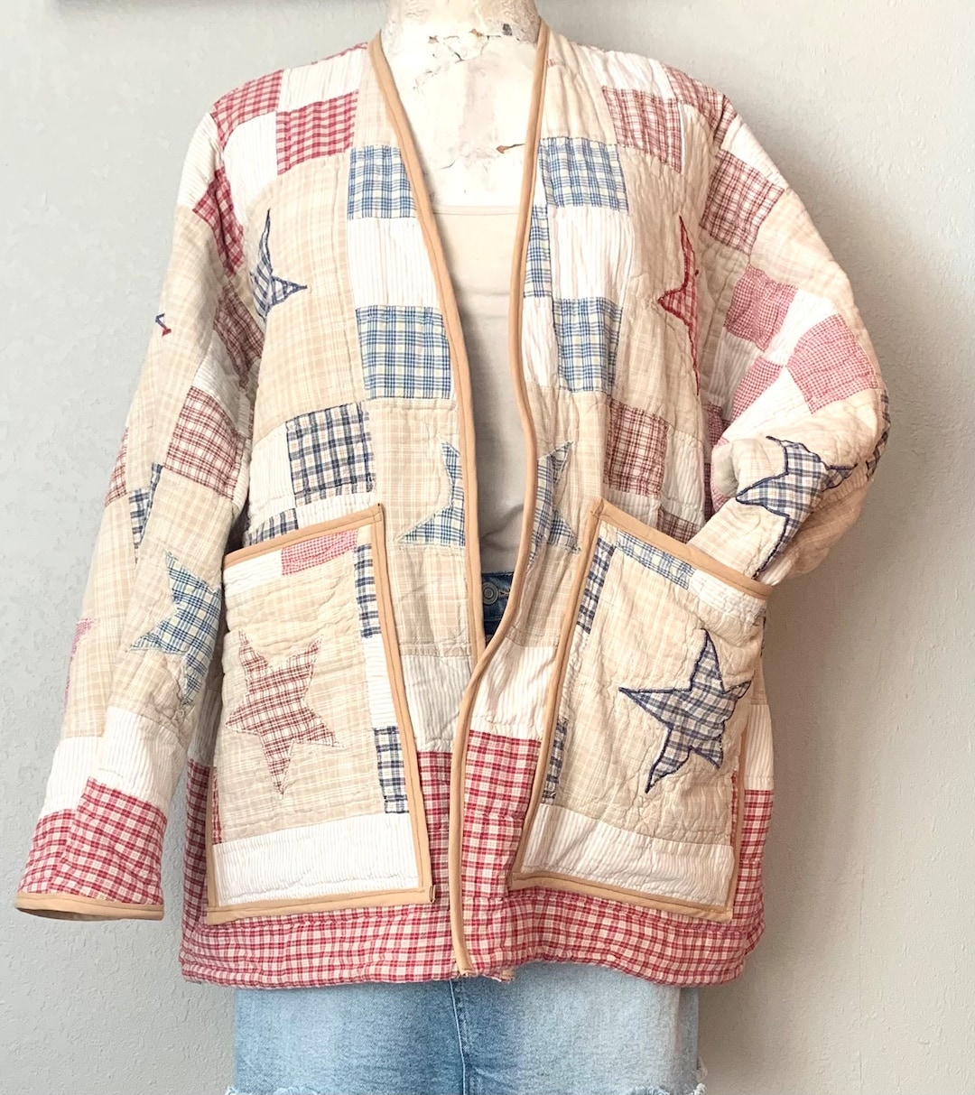 Vintage Quilt Coat Jacket Handmade Size Xlarge Boho Trendy Quilt Clothing Oversized for