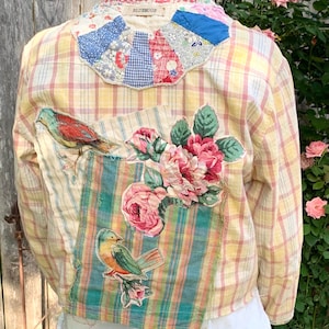 Ladies MEDIUM Reworked Upcycled Patchwork Crop/Cropped Lightweight Jacket Distressed & Patched Sustainable Slow Fashion Boho Spring ‘M’
