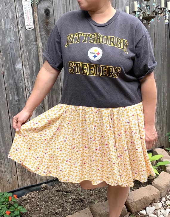 steelers sequin dress Pittsburgh Steelers T Shirt Dress Knee Length Maxi Dress Reworked Upcycled Steelers Tee Shirt Sustainable Fashion NFL Baby Doll Dress