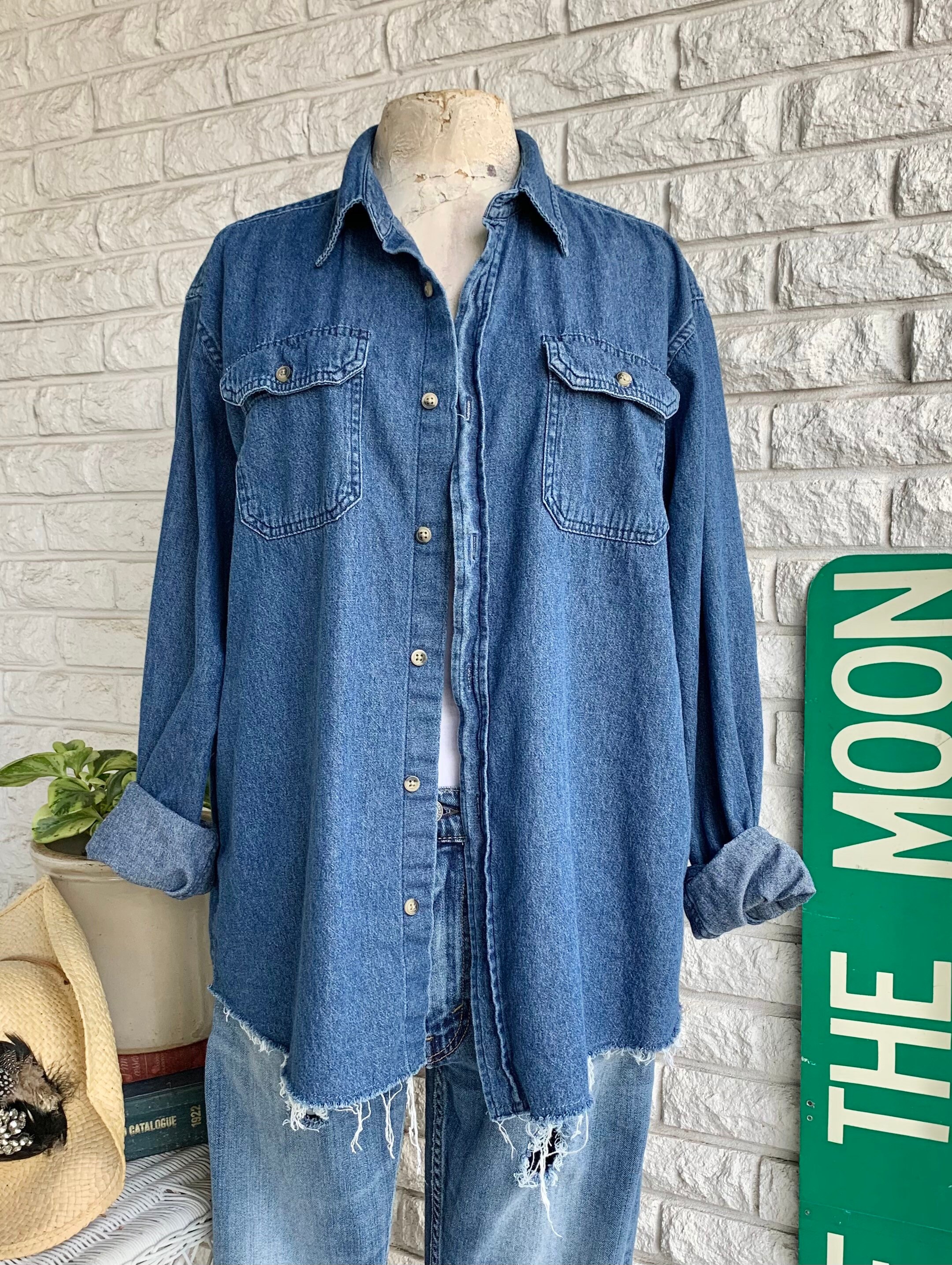 LARGE Denim Shirt With Quilt Block Patch Womens Reworked Upcycled