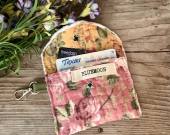 Vintage Quilt ID Holder Debit/Credit Card Holder Business Card Calling Card Holder Spare Change Wallet With Key Ring Clasp