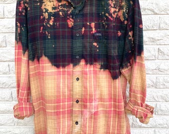 M Cozy Bleached Flannel Fall Bonfires Pumpkin Patch Outings Autumn Hayrides Distressed Flannel Shirt Dipped and Splattered Size Medium