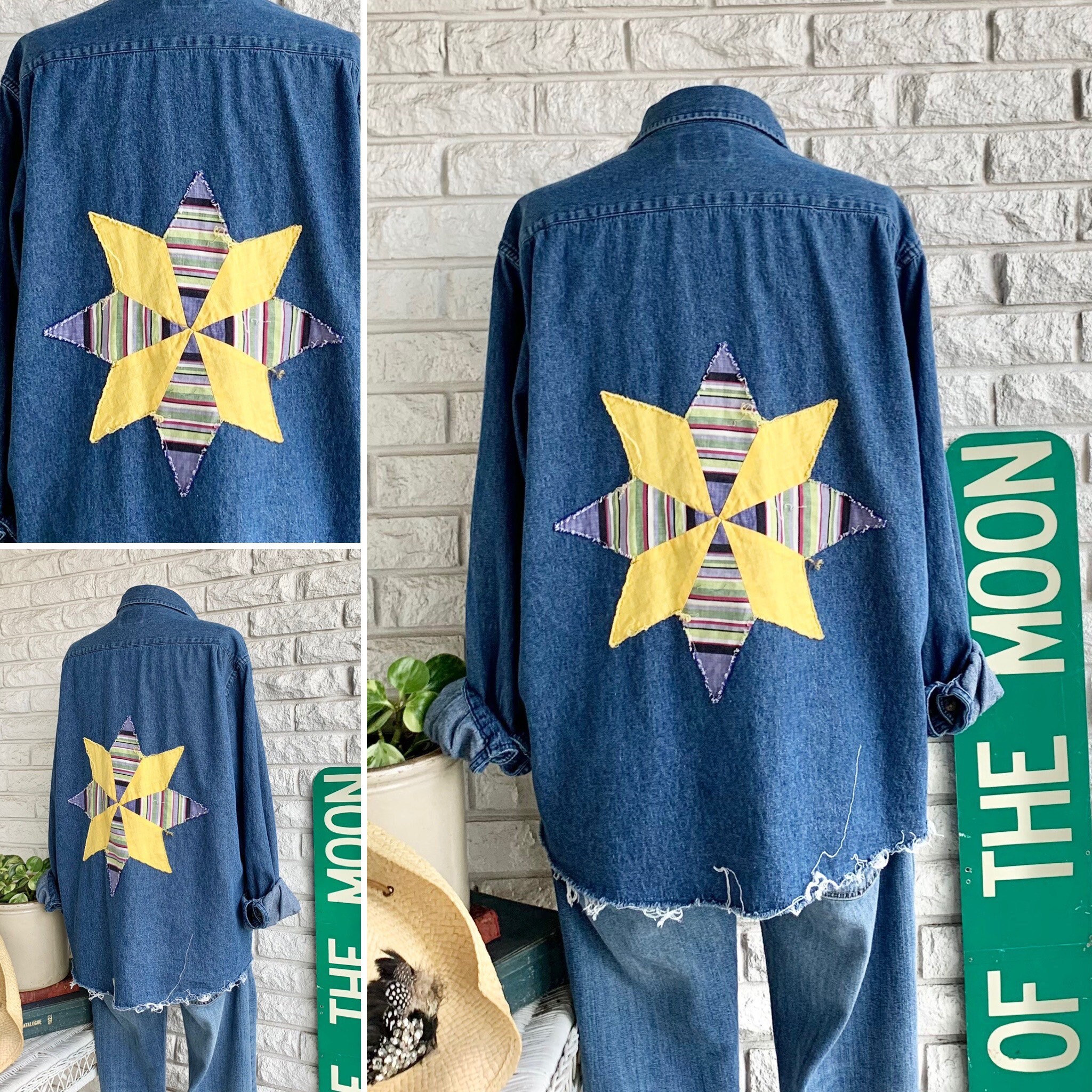 LARGE Denim Shirt With Quilt Block Patch Womens Reworked Upcycled