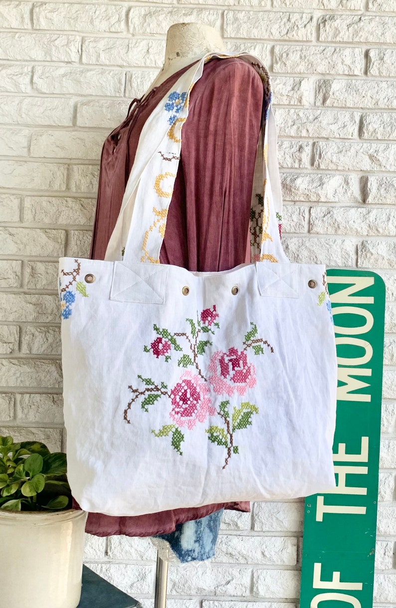 Roses in Bloom Reworked Linen Handmade Large Shoulder Bag Purse Tote