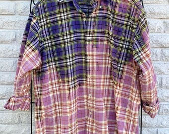 M Cozy Bleached Flannel Fall Bonfires Pumpkin Patch Outings Autumn Hayrides Distressed Flannel Shirt Dipped and Splattered Size Medium