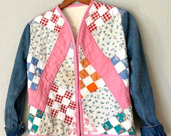 Vintage Quilt Coat Jacket Handmade Size SMALL Boho Trendy Quilt Clothing Ladies Small Jacket Reworked Denim Jacket Sleeves Ladies Upcycled