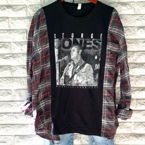 Reworked George Jones Tee and Flannel Reworked Sustainable Clothing Tops Shirt ReFashioned Upcycled Reconstructed Spliced Flannel/T-Shirt