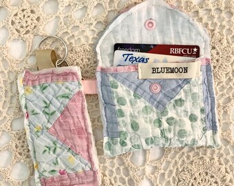 Vintage Quilt ID Holder Debit/Credit Card Holder Business/Calling Card Holder With Key Ring Clasp & Key Ring Combo Set