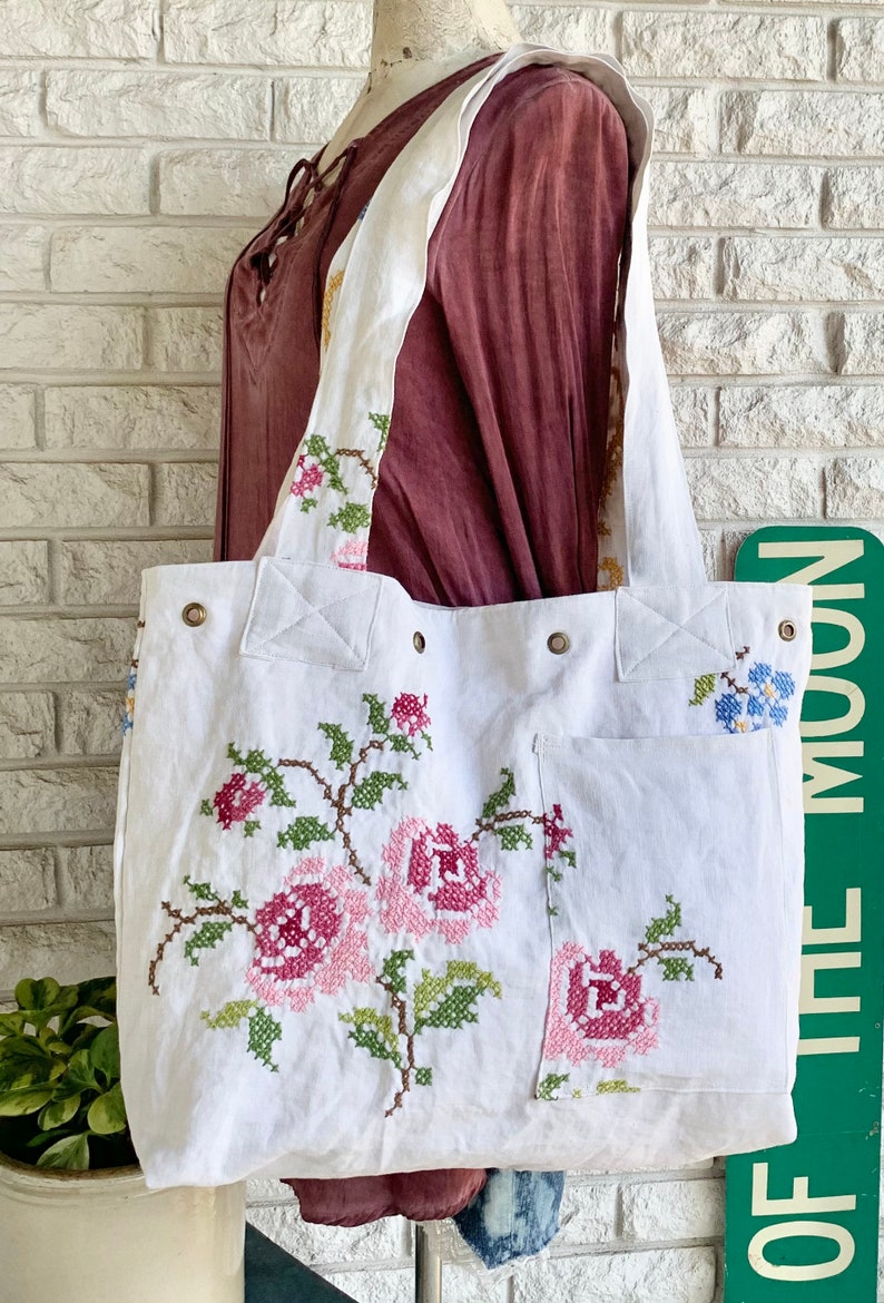 Roses in Bloom Reworked Linen Handmade Large Shoulder Bag Purse Tote