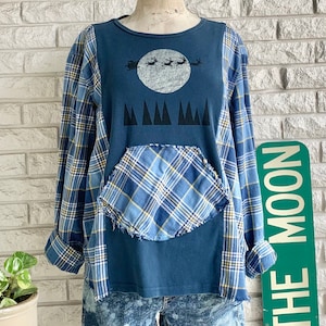 Reworked Christmas T and Flannel Blue Plaid Flannel Rework Clothing Tops Shirt Fashion ‘Twas the Night Before Christmas Reconstructed Ladies