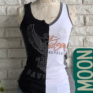 SIZE MEDIUM Ladies Harley Davidson Spliced Tank Split Top Sustainable Clothing Reconstructed Tee Bike Week Sustainability Reworked Clothing