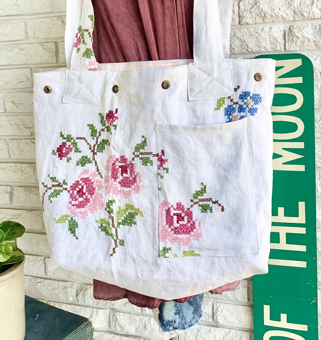 Roses in Bloom Reworked Linen Handmade Large Shoulder Bag Purse Tote