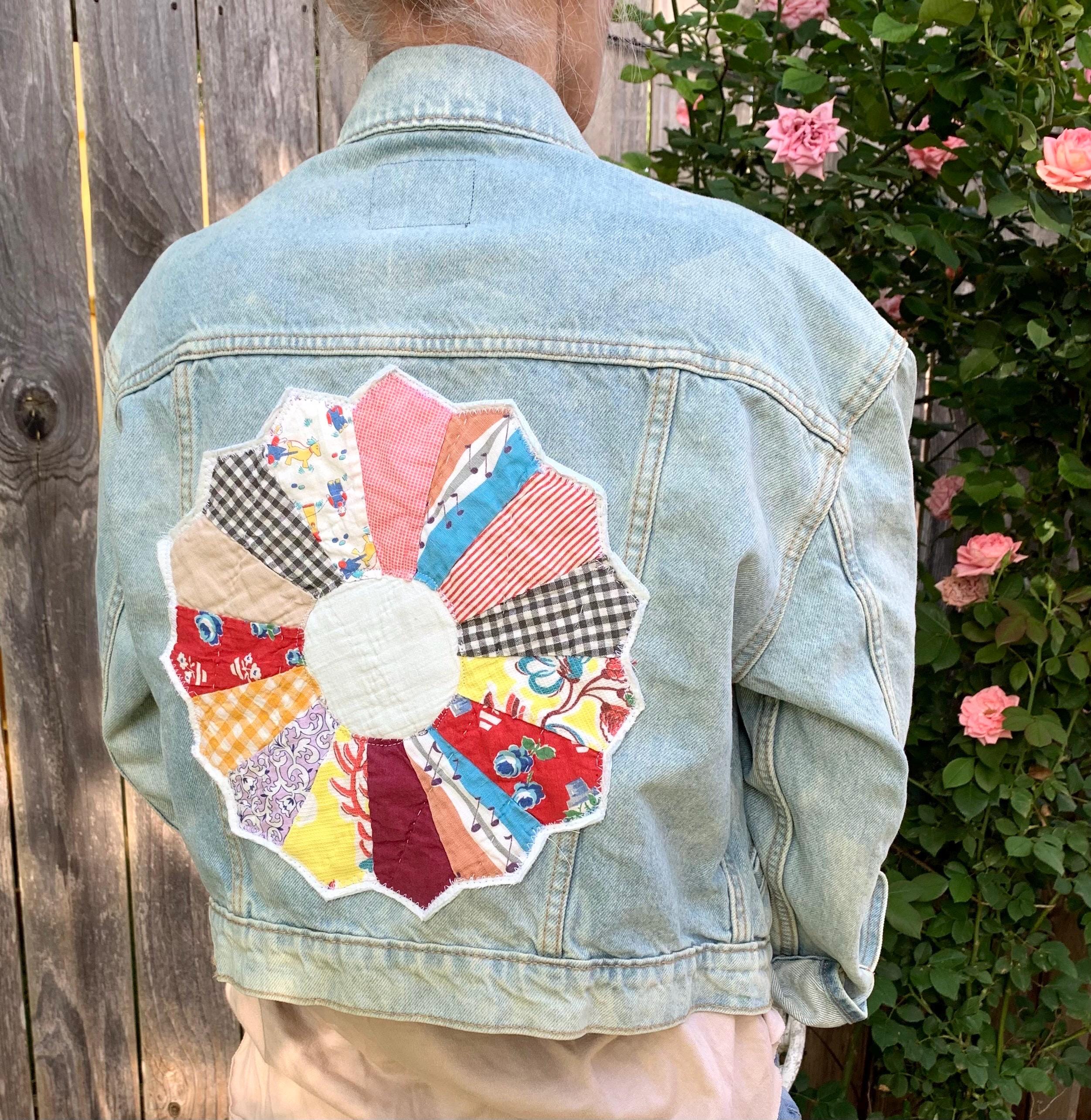 Ladies Medium Vintage Quilt Block Appliqué Denim Jacket Upcycled 