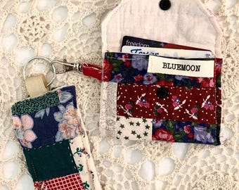 Vintage Quilt ID Holder Debit/Credit Card Holder Business/Calling Card Holder With Key Ring Clasp & Key Ring Combo Set
