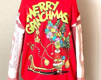 Large Quilted Sleeve Christmas Sweatshirt Upcycled Quilt Clothing Pullover Sweatshirt Reworked Quilt Piece The Grinch Sweatshirt Ladies L