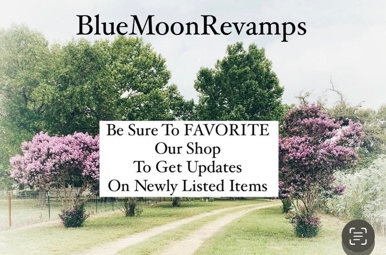 May include: A scenic image of a dirt road lined with trees and purple flowering bushes. The text "Be Sure To FAVORITE Our Shop To Get Updates On Newly Listed Items" is displayed on a white background.