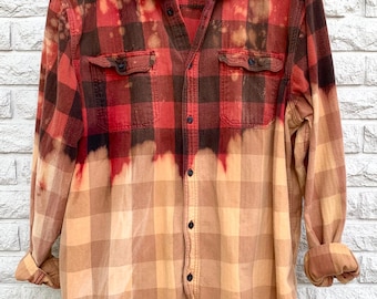 XL Cozy Bleached Flannel Fall Bonfires Pumpkin Patch Outings Autumn Hayrides Distressed Flannel Shirt Dipped and Splattered Size X-Large