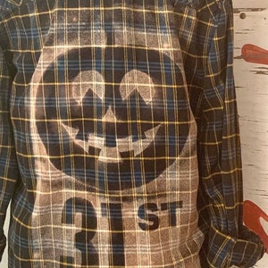 Small Bleached Flannel Acid Washed Distressed FALL Silhouette Flannel Relaxed Fit Cozy One of a Kind Halloween Fall Pumpkin 31st Unisex