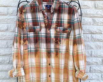 Large Cozy Bleached Flannel Fall Bonfires Pumpkin Patch Outings Autumn Hayrides Distressed Flannel Shirt Dipped and Splattered Size L