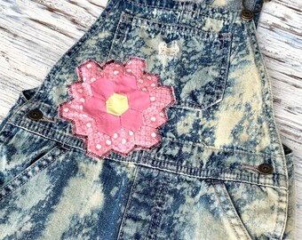 Girls 5T Overalls Bleached Distressed Quilt Patch Denim Overalls Sustainable Reworked Little Girls