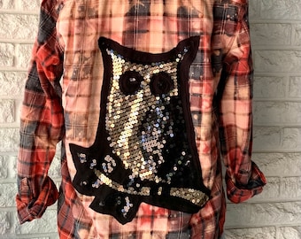 Small Bleached Flannel Acid Washed Distressed FALL Flannel Relaxed Fit Cozy One of a Kind Halloween Shirt Sequined Owl Bonfires Hayrides