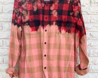 XL Cozy Bleached Flannel Fall Bonfires Pumpkin Patch Outings Autumn Hayrides Distressed Flannel Shirt Dipped and Splattered Size X-Large