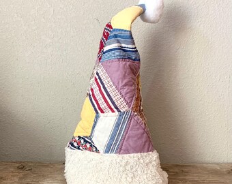 Rustic Primitive Style Vintage Quilt Santa Hat Made From Vintage Quilt Christmas Holiday Hat Trending Quilts Here Comes Santa Clause OSFM