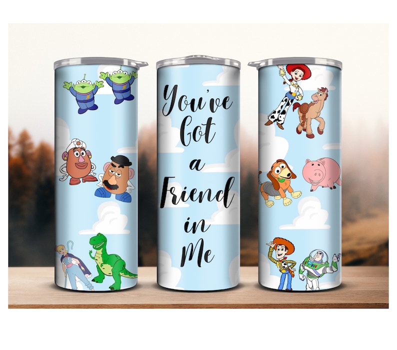 May include: Three stainless steel tumblers with a blue background and white clouds. The tumblers feature characters from the Toy Story movie franchise, including Woody, Buzz Lightyear, Rex, Slinky Dog, and Mr. and Mrs. Potato Head. The middle tumbler has the text "You've got a friend in me".