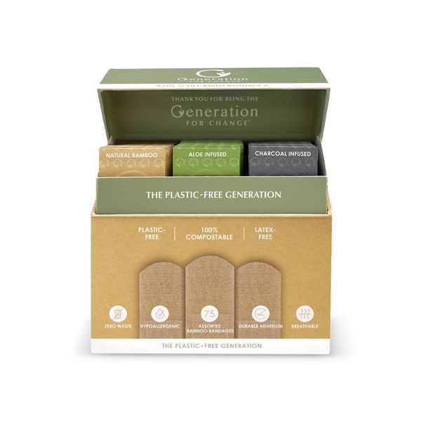 The Plant-Based Bandage by Generation For Change | 75 Organic Bamboo Bandages | Variety Pack - Aloe, Charcoal & Natural Bamboo | Compostable